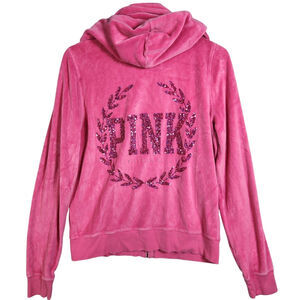 VS Pink Y2K Velour Zip Hoodie Sequin Logo Sz L Preppy Track Jacket Pockets Girly